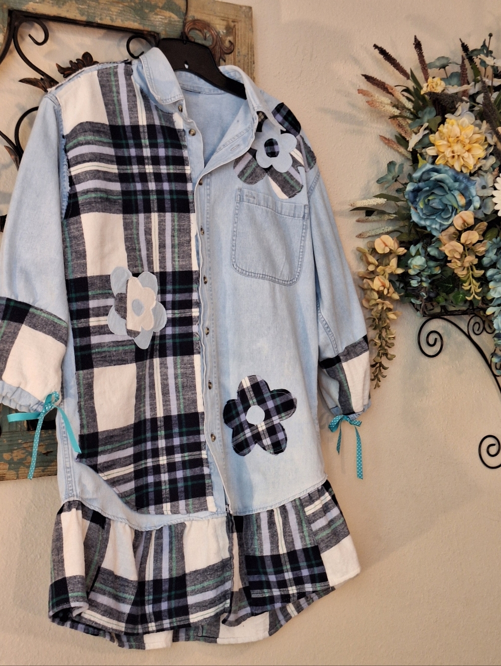 Upcycled Reworked Denim Navy/Plaid Women's "LOVE" Shacket 'Love' Detail. Size XL